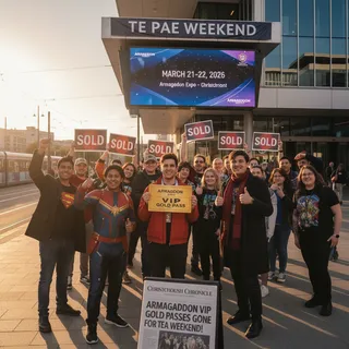 A sold-out Christchurch Armageddon VIP Gold Pass contrasts with the availability of general entry tickets for the Te Pae expo.