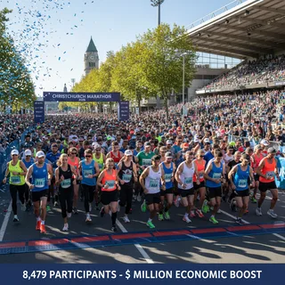 Massive crowd of runners at the start of the 2026 Christchurch Marathon, a record-breaking event.