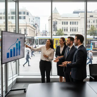 Modern Christchurch office with financial graphs celebrating $16 million visitor spending boost from sporting events.