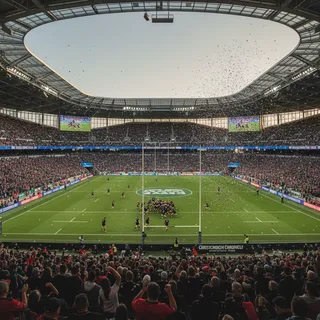 Dynamic action shot inside Christchurch's Te Kaha stadium during a sold-out event with a full calendar.