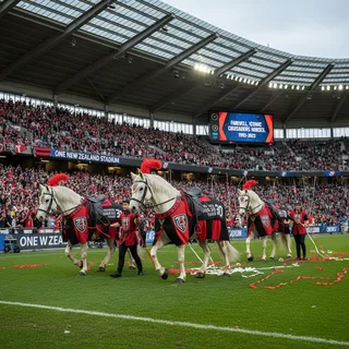 Two retired Crusaders horses stand proudly on a field, with a stadium in the background.