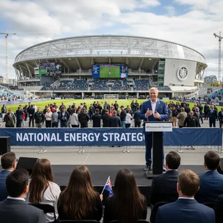 Prime Minister Christopher Luxon stands before the Te Kaha stadium in Christchurch, acknowledging its economic significance.
