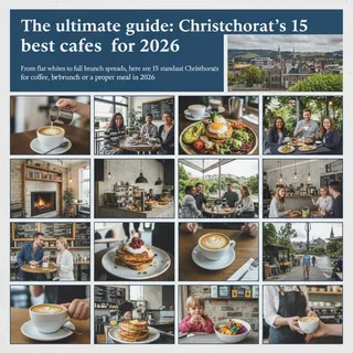 A photorealistic Christchurch cafe interior with natural light, showcasing a brunch spread and coffee.