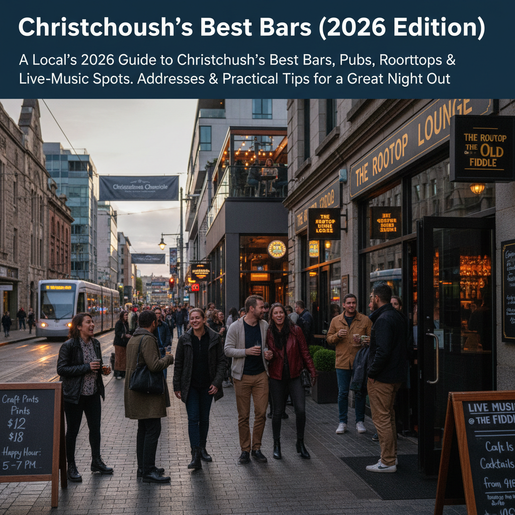 Nightlife in Christchurch, with diverse bars and lively music venues presented in a 2026 guide.