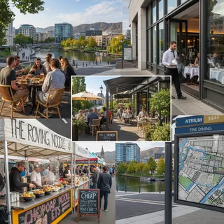 Christchurch cityscape with diverse restaurants and dining options, highlighting various eateries.