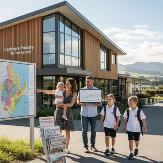 Parent in Christchurch looking at a pamphlet about school zones, deciles, and reviews.