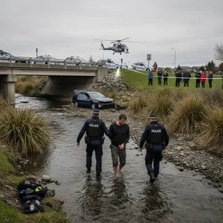 Police converge on Otukaikino Stream in Christchurch where a suspect was apprehended after a car chase and standoff.