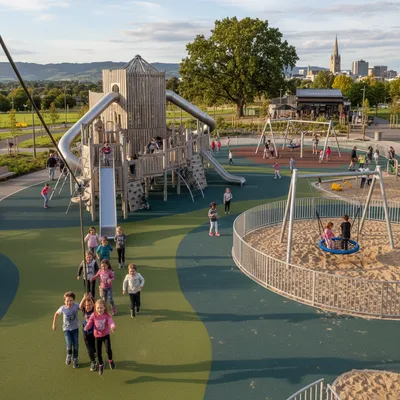 A vibrant, modern playground in Christchurch with happy children playing on diverse equipment.