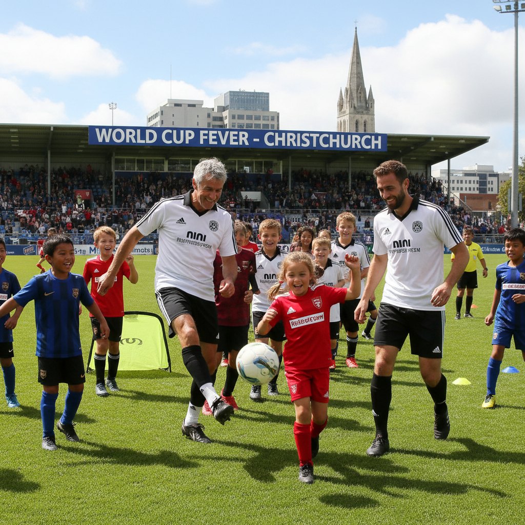 Former All Whites players Bobby Almond and Aaron Clapham engage with young fans on a football field in Christchurch.