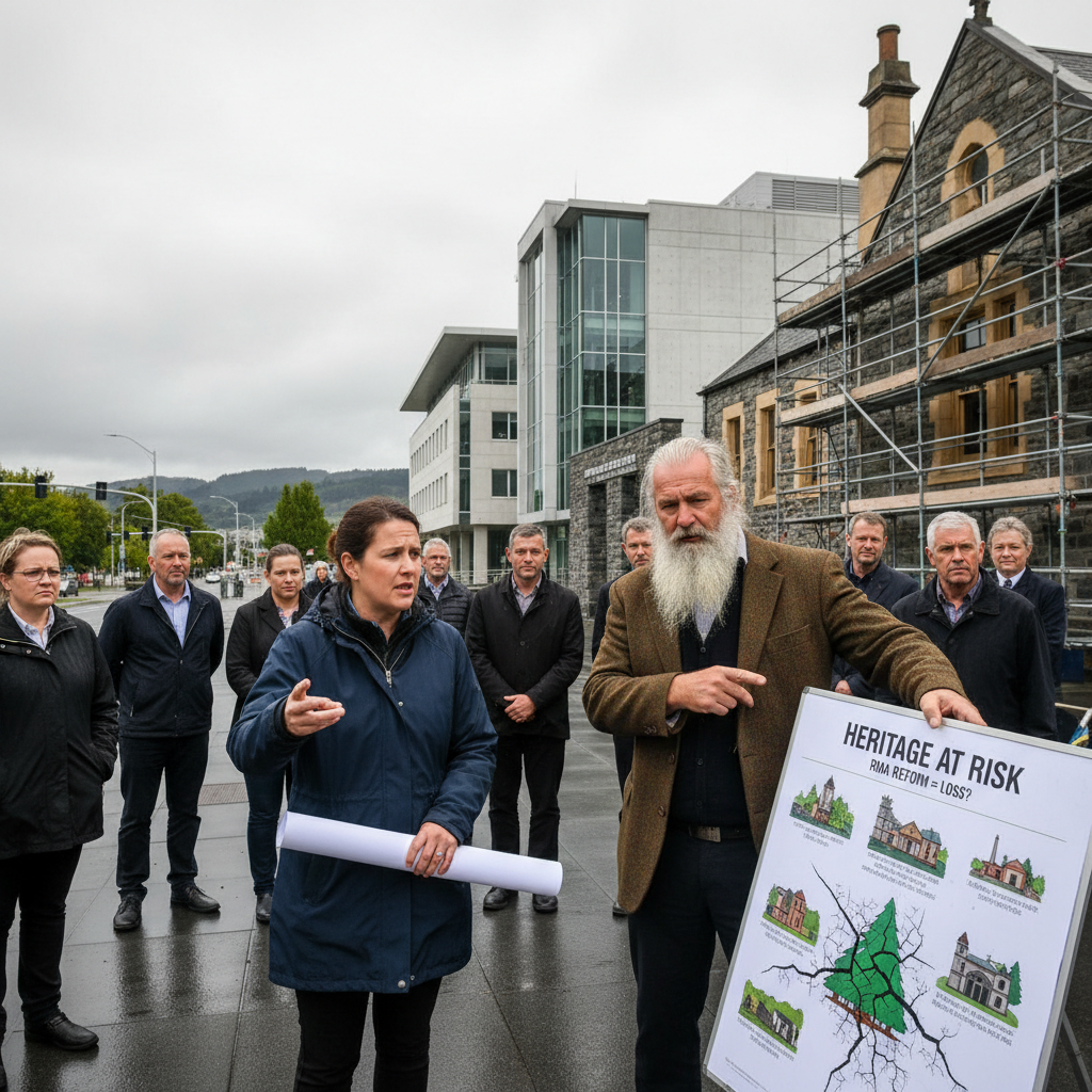Council members review documents at a table, discussing potential risks to heritage sites.
