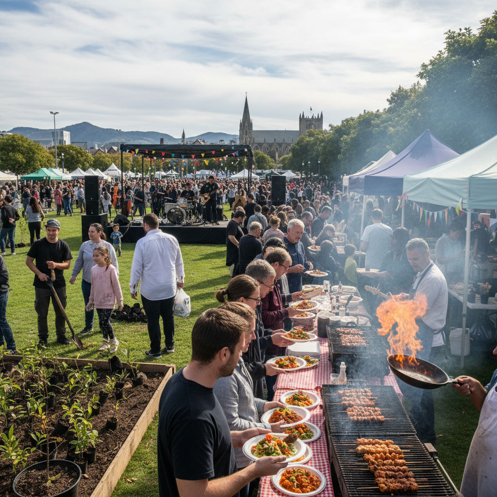 A spicy food festival with diverse dishes and live music performance in Christchurch.