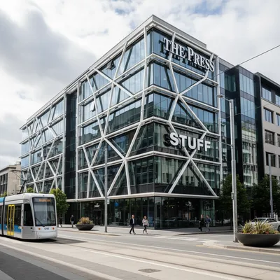 The modern, multi-level office building for The Press newspaper on Gloucester Street in central Christchurch, home to Stuff Ltd's local news operations.