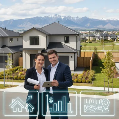 Photorealistic Christchurch street with diverse homes, showcasing property market trends for 2026.