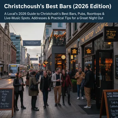 Nightlife in Christchurch, with diverse bars and lively music venues presented in a 2026 guide.