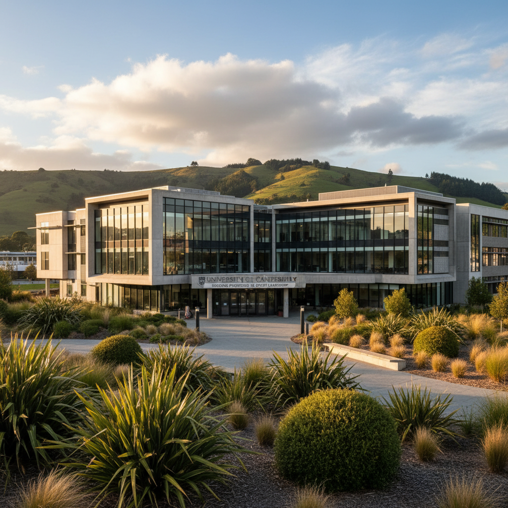 Modern building exterior with landscaped grounds, architectural photography style, UC logo visible on building