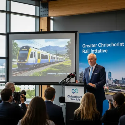 Winston Peters speaks at a press conference with a blurred Christchurch cityscape in the background.