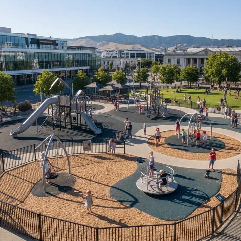 Children playing at a modern, well-maintained outdoor playground with vibrant equipment under natural sunlight.