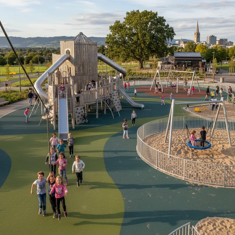 A vibrant, modern playground in Christchurch with happy children playing on diverse equipment.