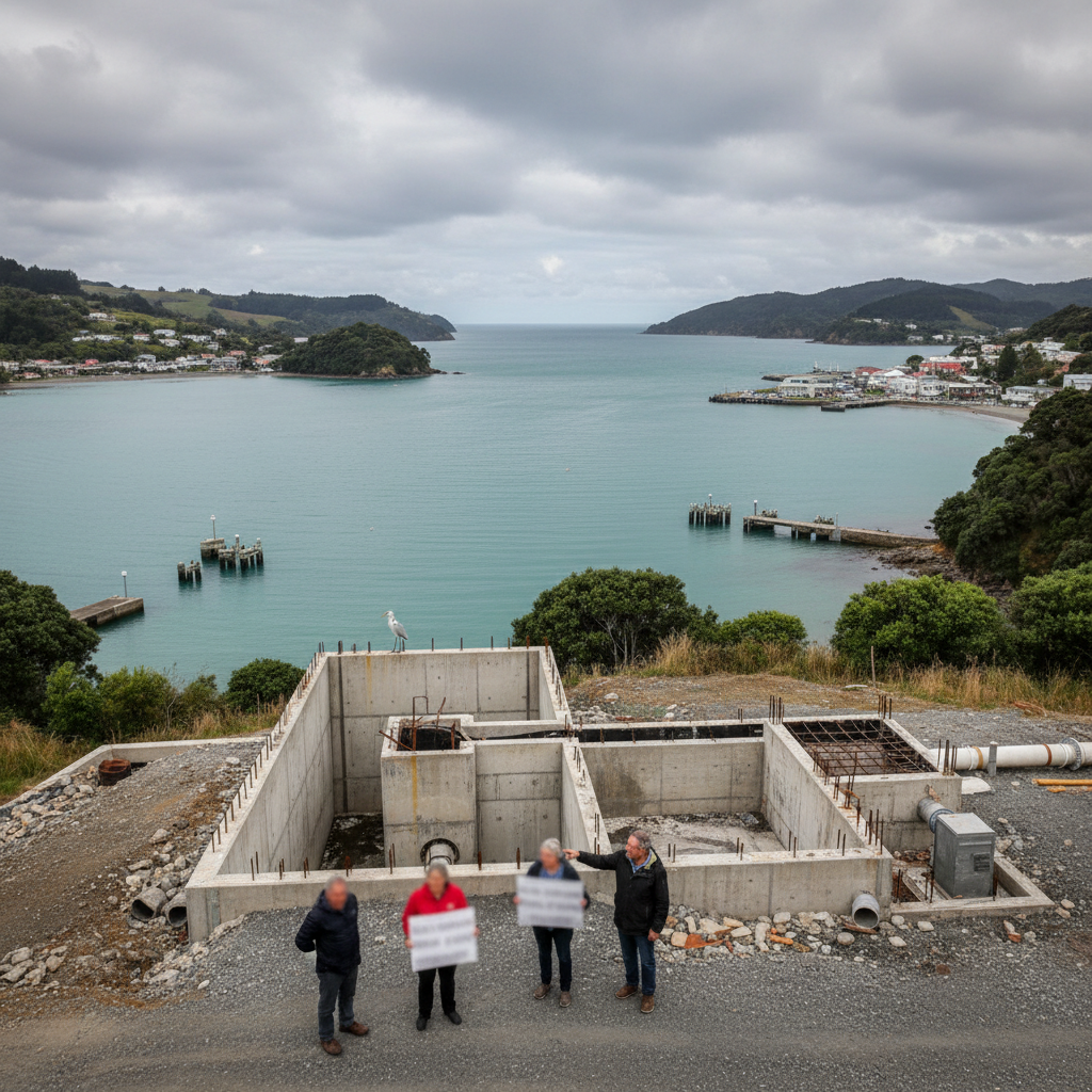 Scenic Akaroa Harbour with a backdrop of rolling green hills under a cloudy sky.