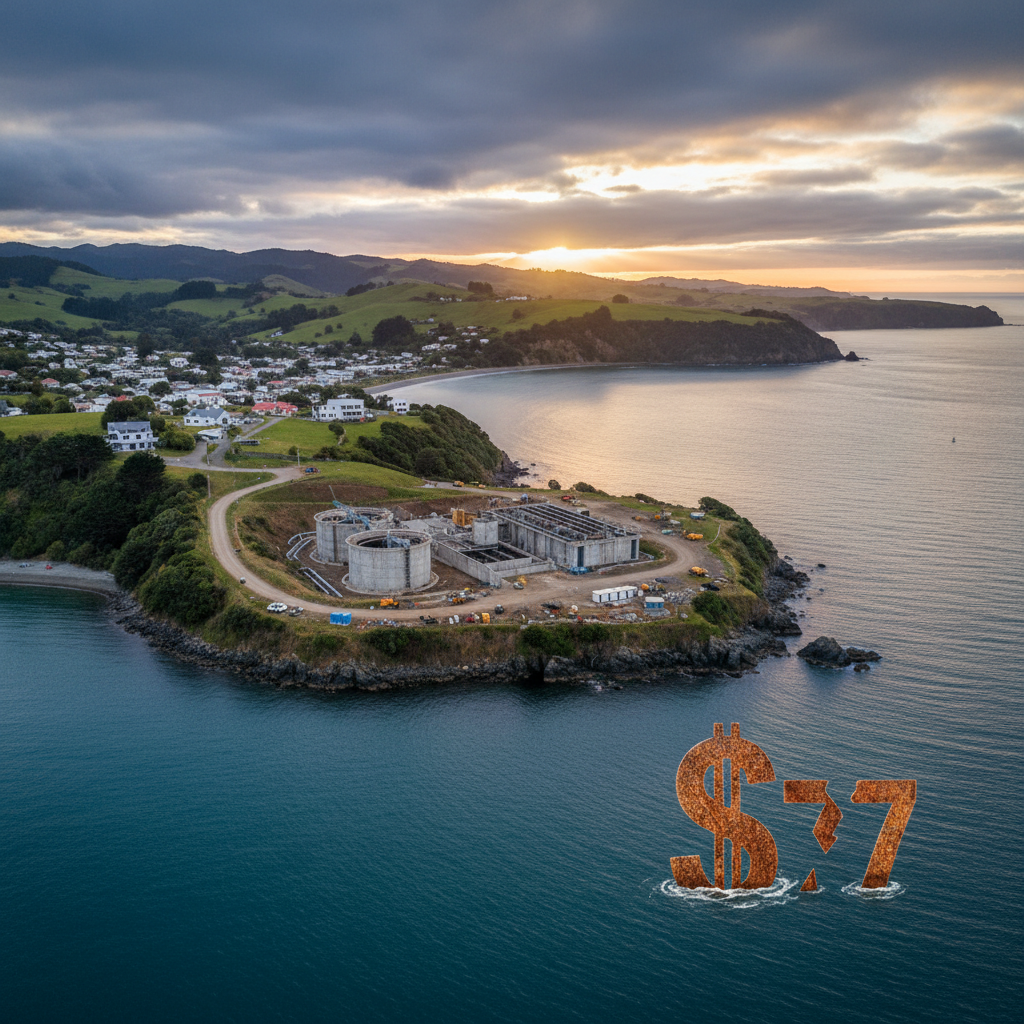 Wastewater pipes are laid near Akaroa, New Zealand, with hills in the background.