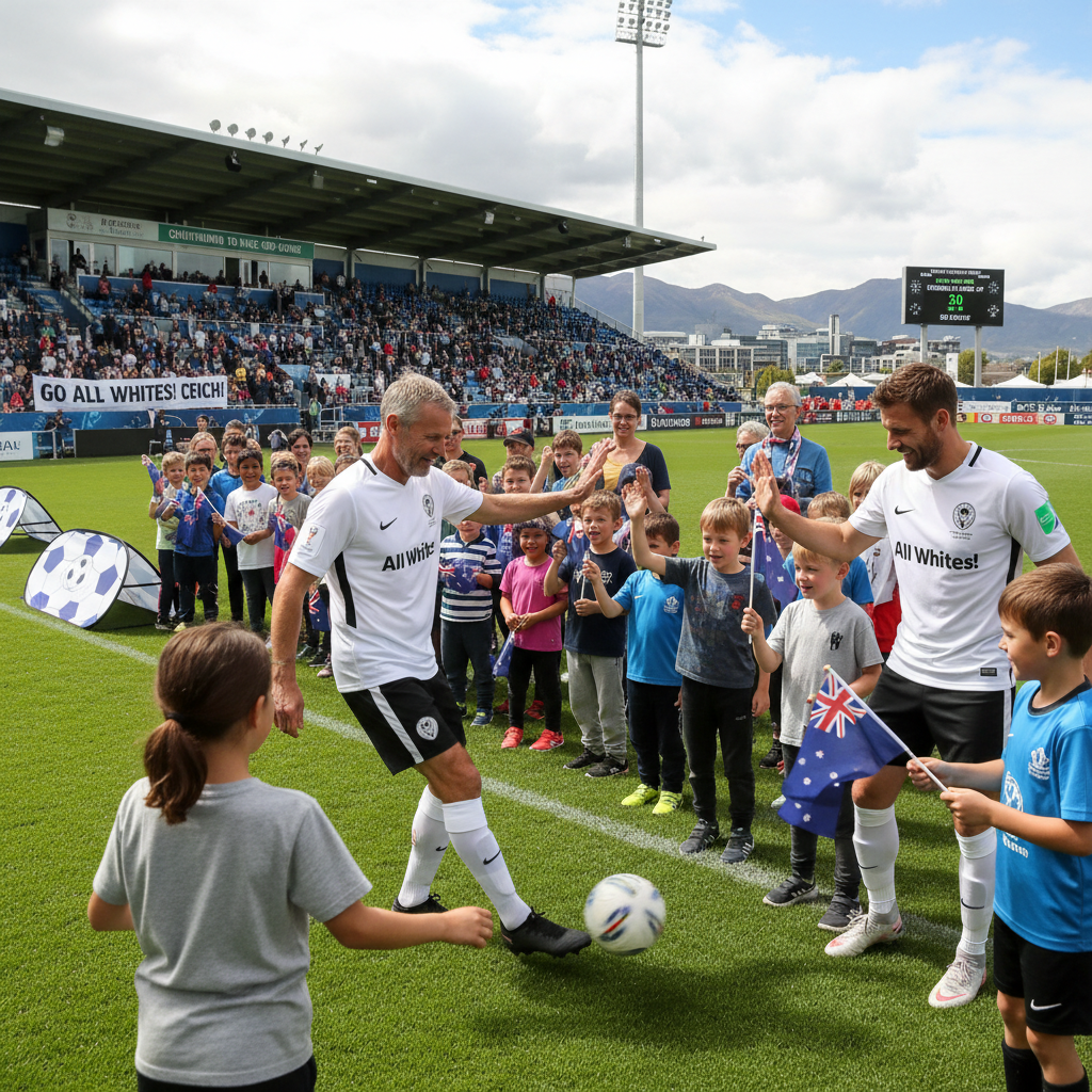 Former All Whites players Bobby Almond and Aaron Clapham inspire young fans at a Christchurch football event.