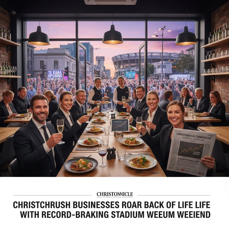 Modern Christchurch storefronts bustling with activity, showcasing vibrant economic recovery and record sales.