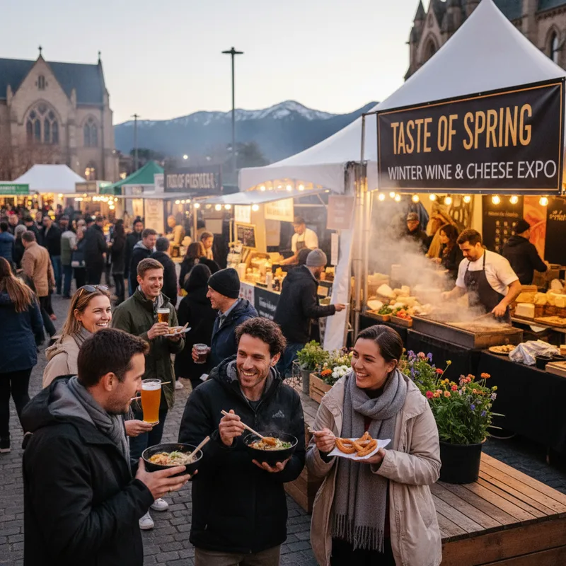 A vibrant Christchurch street scene with diverse food stalls and people enjoying a festival in winter and spring.