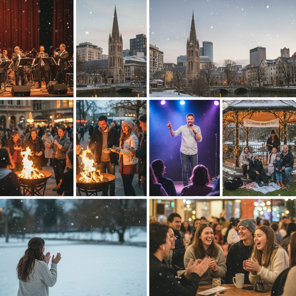 People enjoying a vibrant winter festival with food stalls and live music in Christchurch's town square