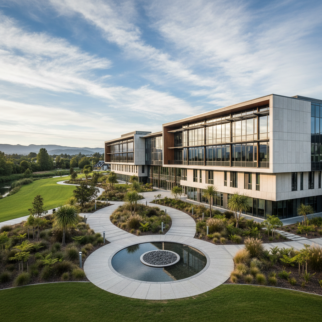 Modern building exterior with landscaped grounds, architectural photography, realistic setting.