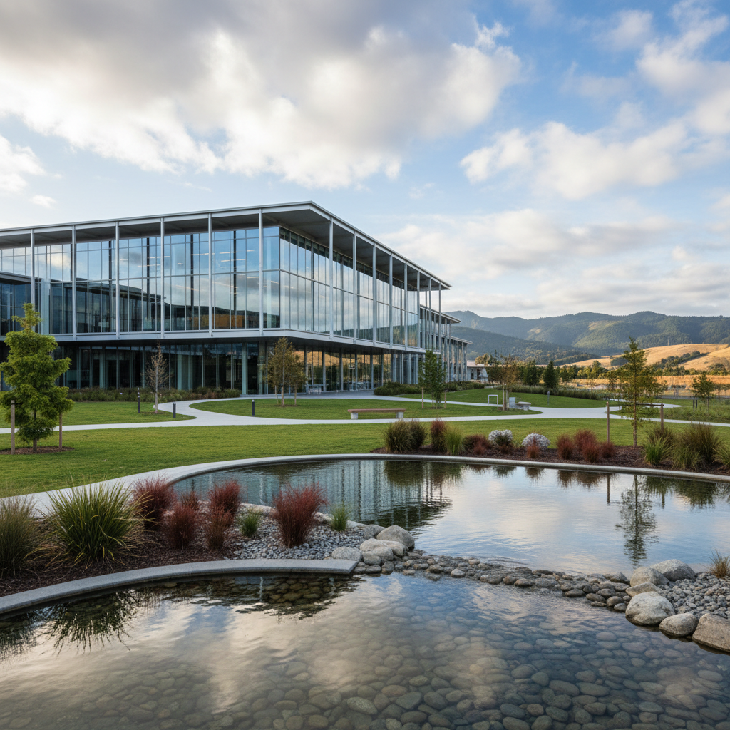 Modern building exterior with landscaped grounds, architectural photography, realistic setting.