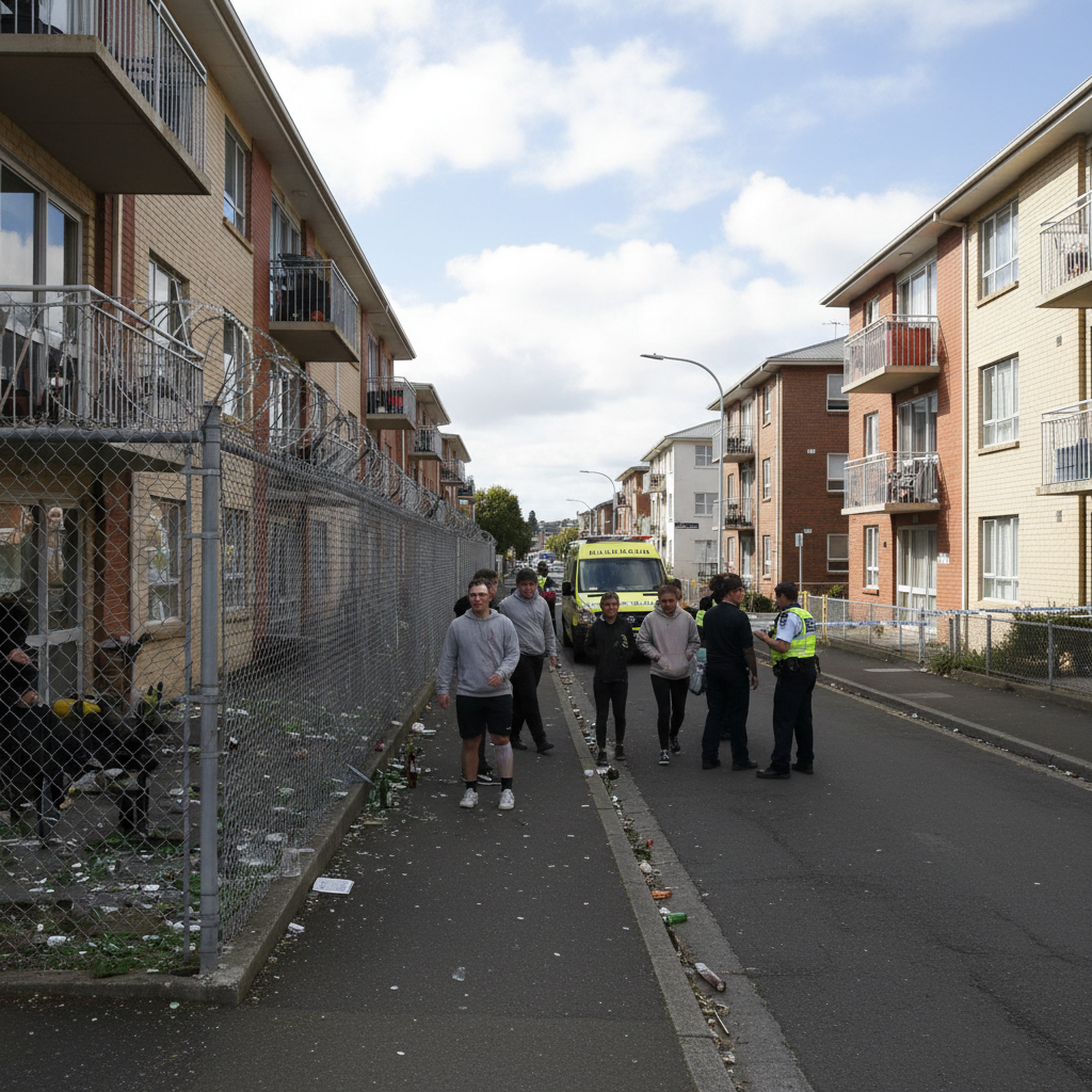 Hanrahan Street in Riccarton with student flats and fencing during the day.