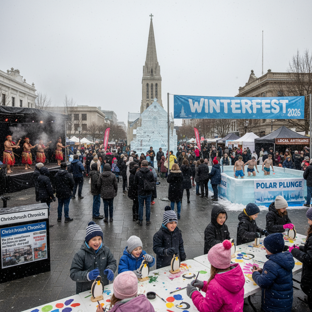 Christchurch town square during winter with people engaging in various outdoor events.
