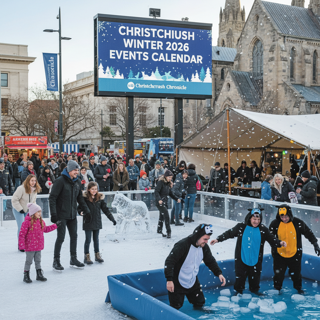 Christchurch town square bustling with diverse winter festival activities and people enjoying the 2026 events calendar.