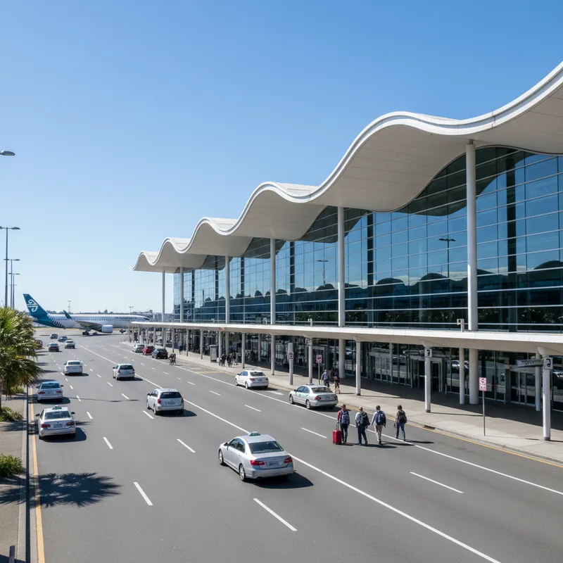 The modern, sunlit terminal entrance of Christchurch Airport on a clear day, with passengers arriving and departing from the main building.