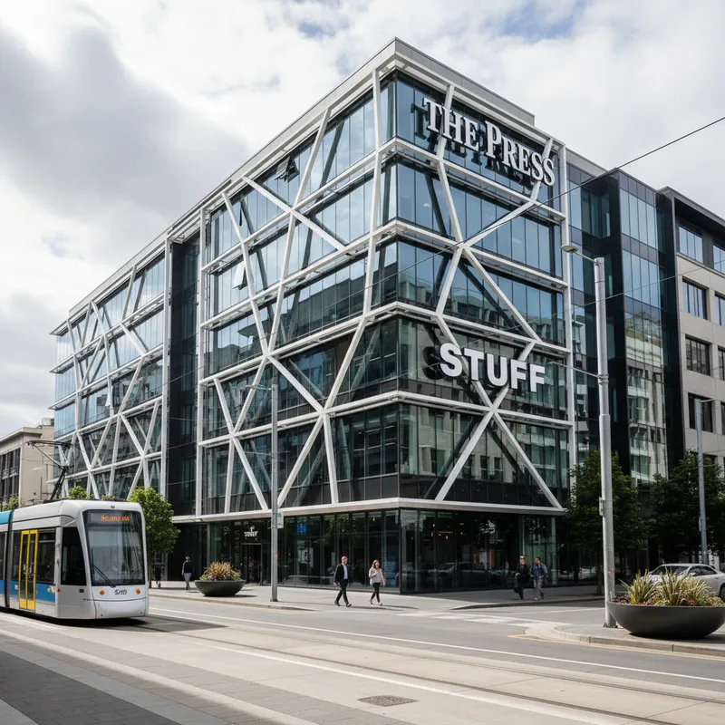 The modern, multi-level office building for The Press newspaper on Gloucester Street in central Christchurch, home to Stuff Ltd's local news operations.