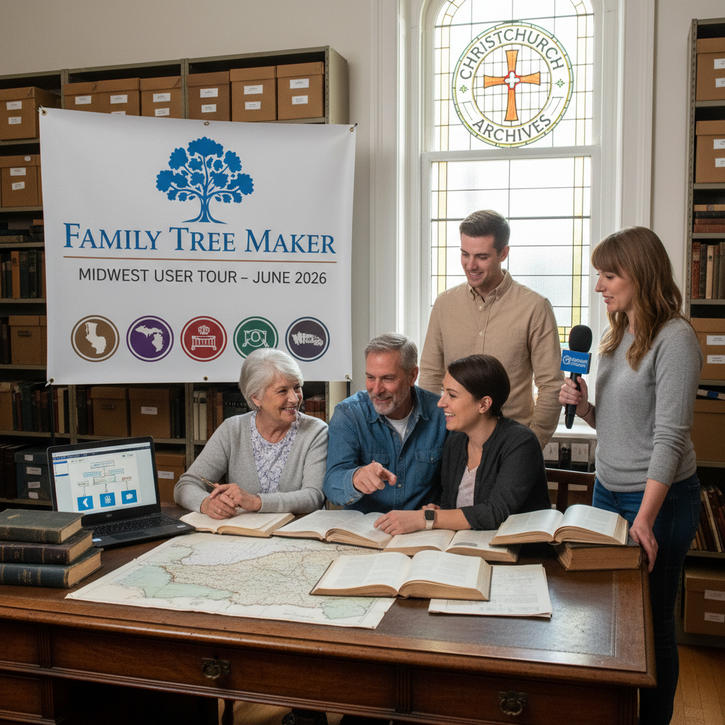Midwest genealogy enthusiasts attending a Family Tree Maker software demonstration during a 2026 user tour.