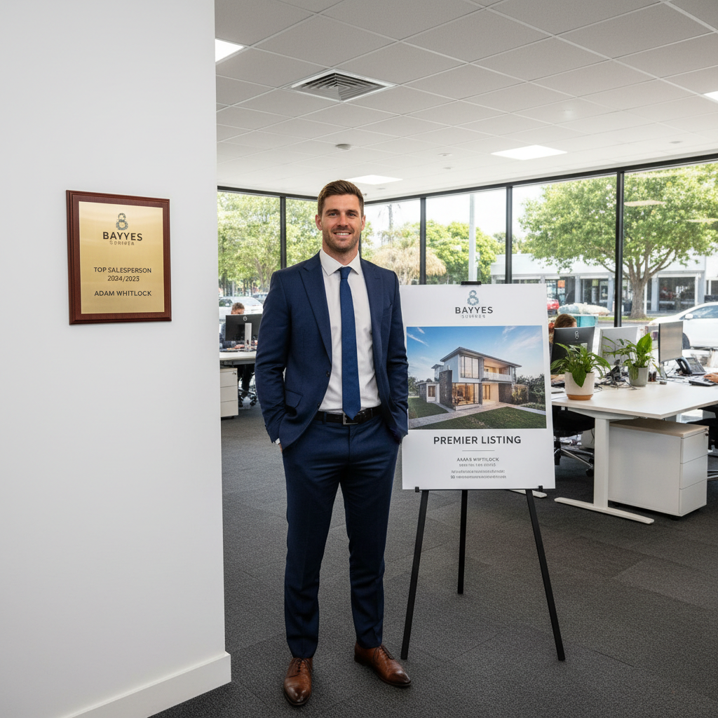 Adam Whitelock, dressed in business attire, stands confidently in his bright Bayleys Sumner real estate office.