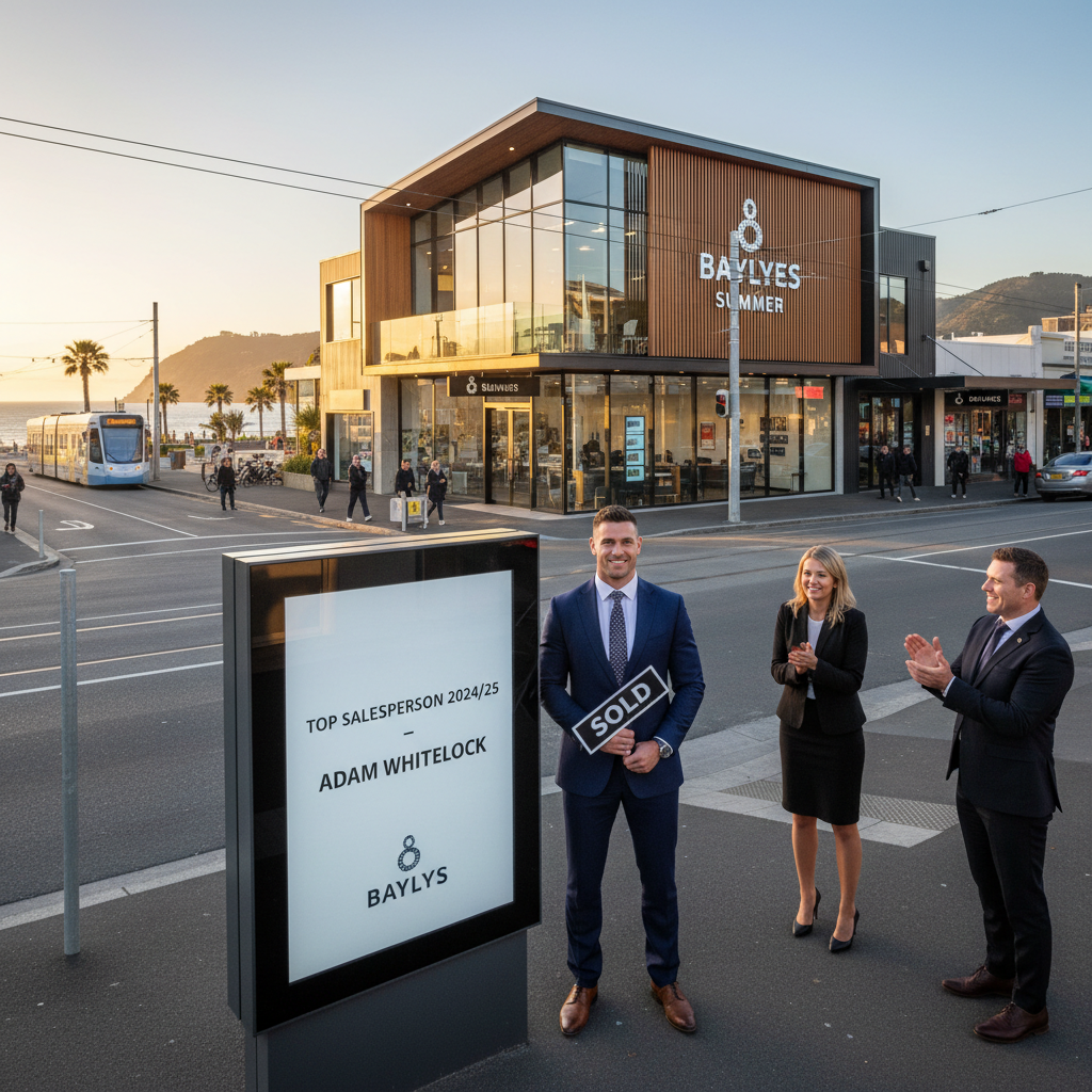 Adam Whitelock, former rugby player, in front of a modern real estate office building in Sumner, Christchurch.