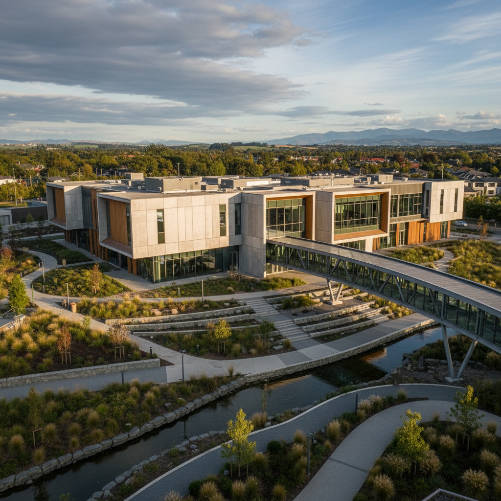 Modern building exterior with landscaped grounds, architectural photography, realistic setting.