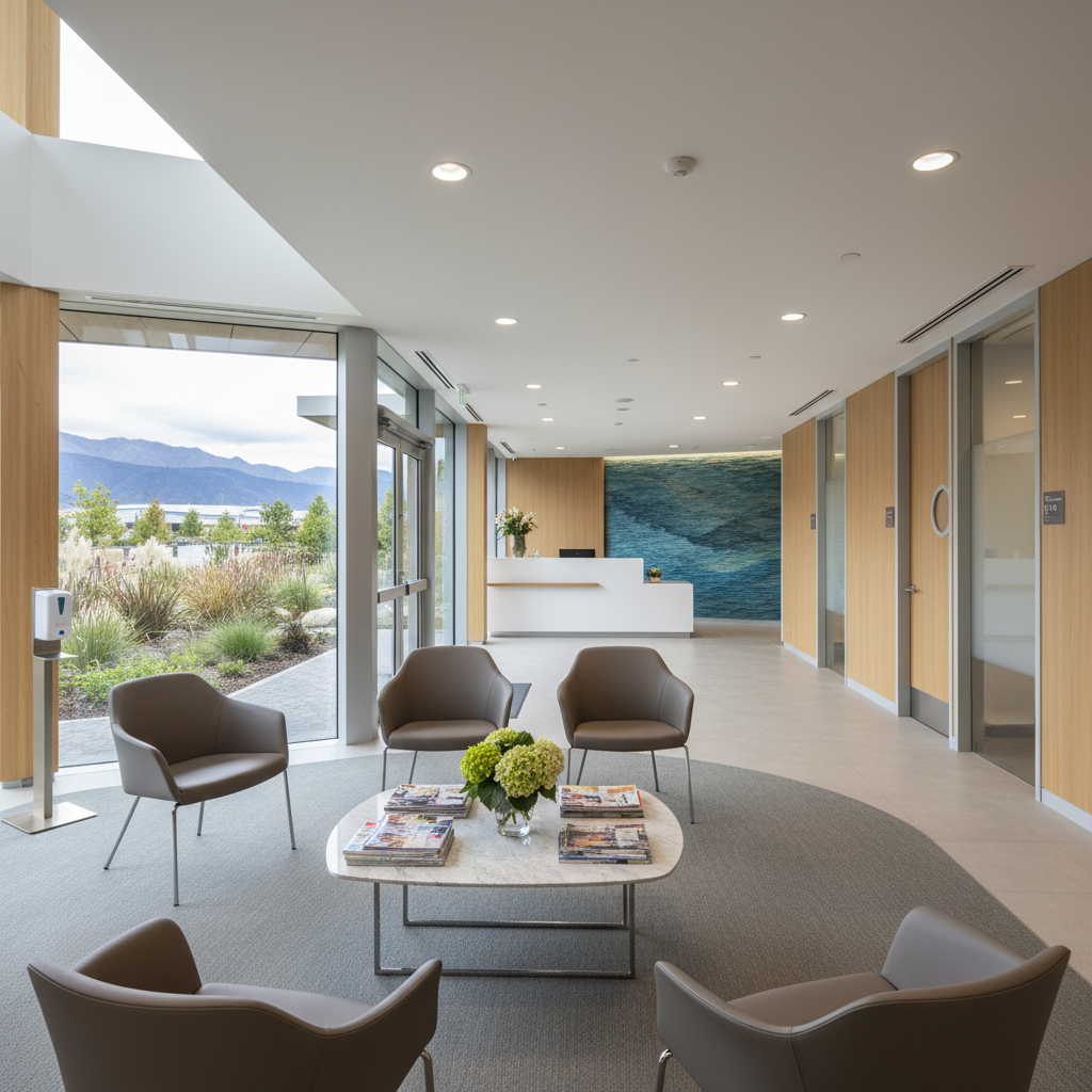 A bright, modern, empty hospital ward with medical equipment, ready for patients.