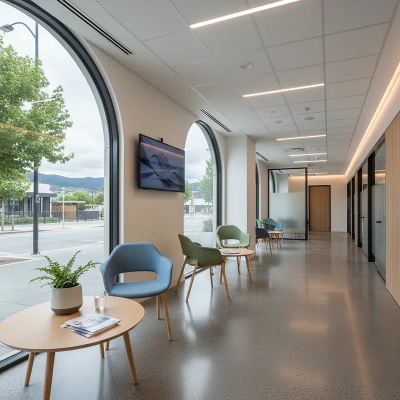 A realistic healthcare setting with clinical equipment and a wellness environment, devoid of people.
