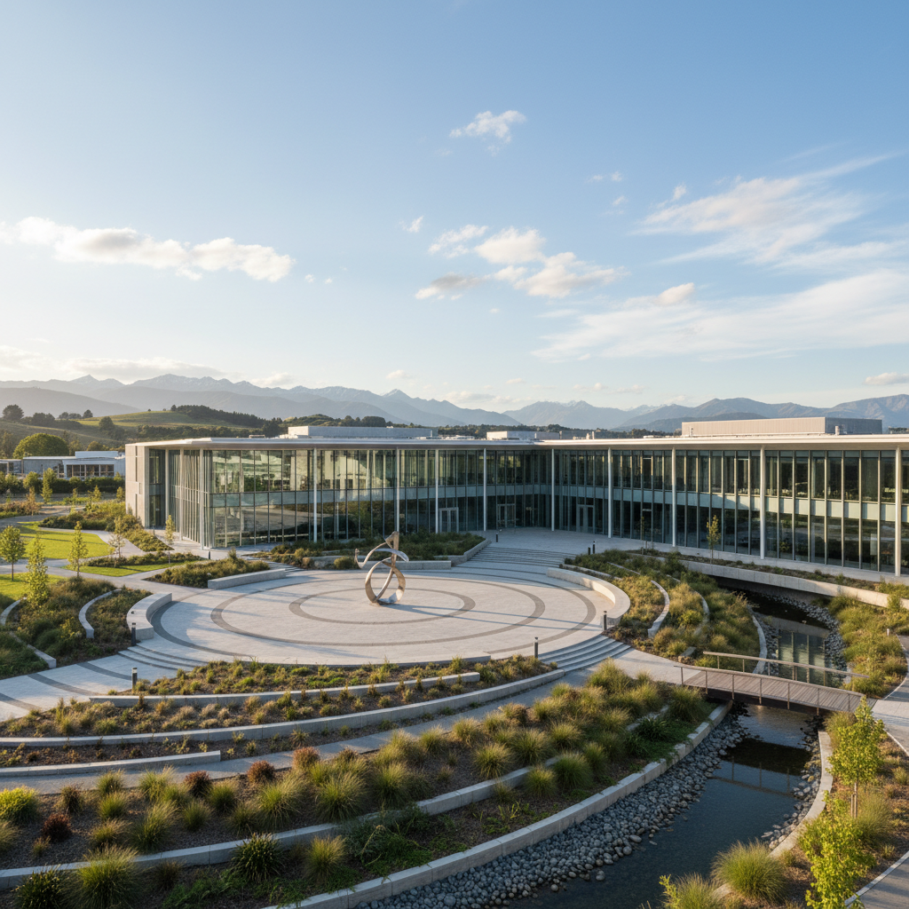 Modern Christchurch school building exterior with landscaped grounds under a clear sky.