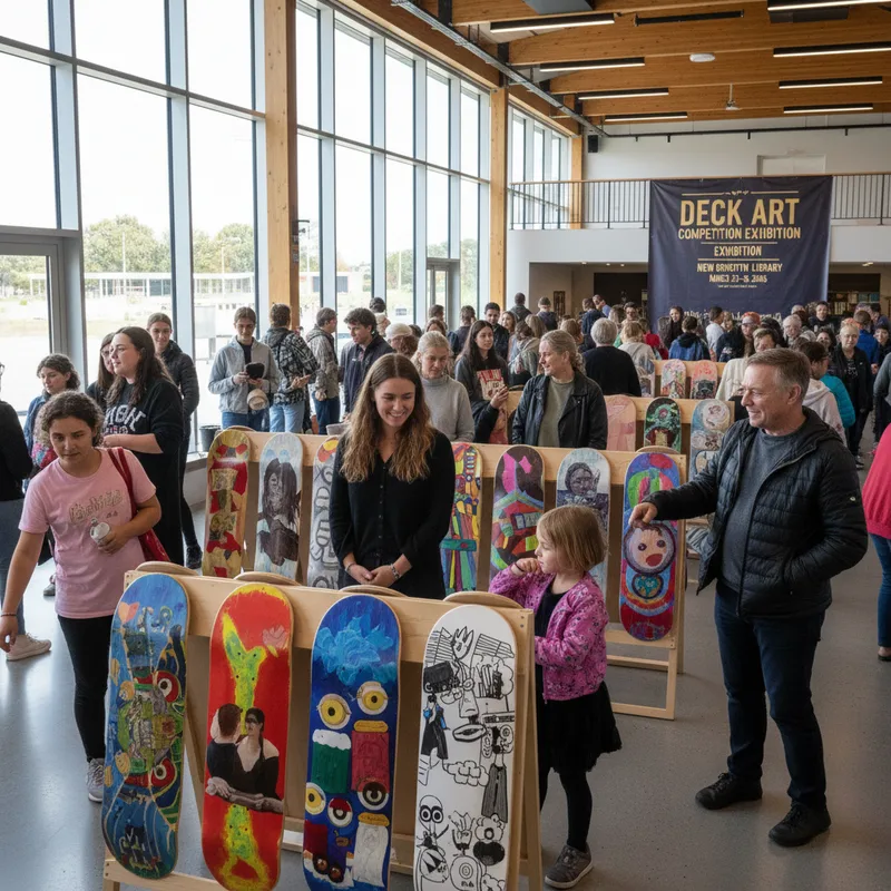 People browsing the Deck Art entries inside the Auahatanga creative space at New Brighton Library. — Christchurch Chronicle