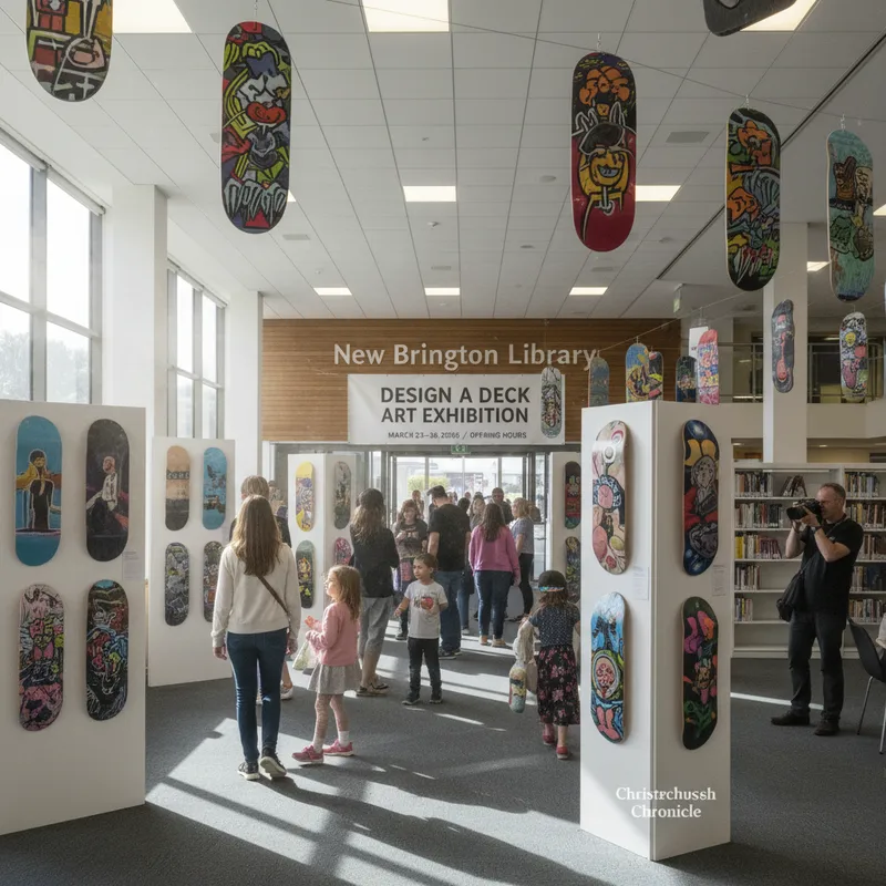 Skateboarding decks on display at the New Brighton Library Design a Deck Art exhibition.