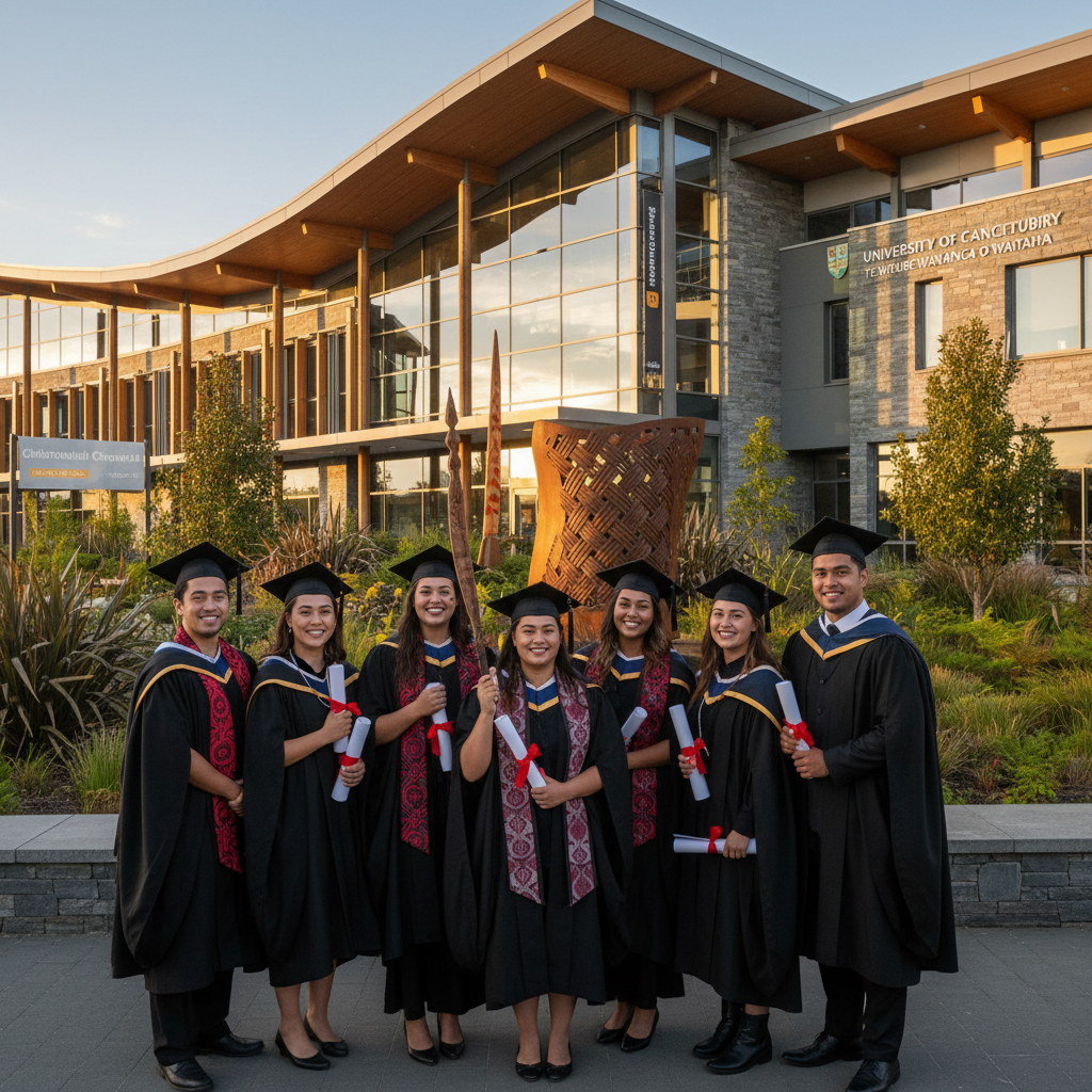 Graduates of a new University of Canterbury degree in mātauranga Māori stand outside a modern building.