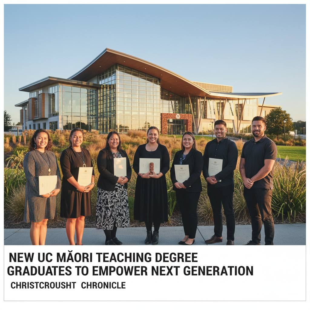 Graduates in front of a modern University of Canterbury building, celebrating a new mātauranga Māori teaching degree.