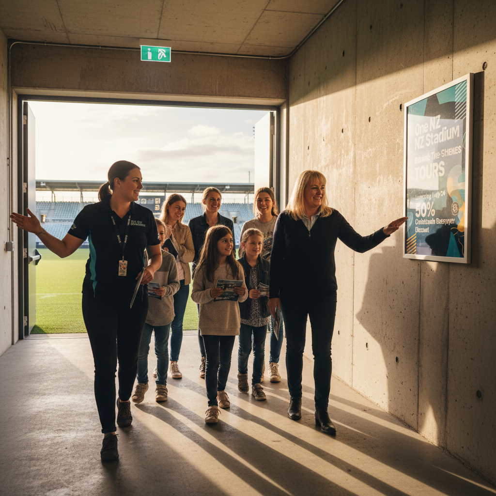 Christchurch's One New Zealand Stadium interior with sports field visible during a public tour.