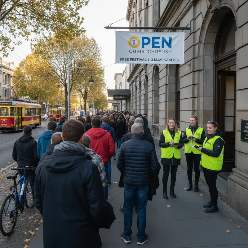 Visitors queue on High Street while volunteers check bookings for Open Christchurch tours.