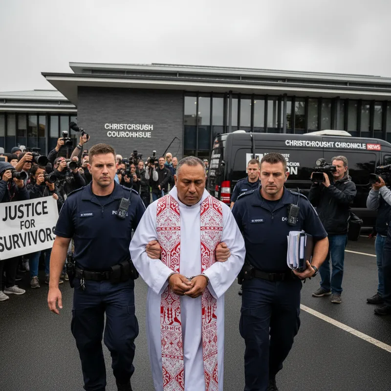 A religious leader with Pacific ties, arrested for sexual assault charges, stands outside a courthouse with a somber expression.