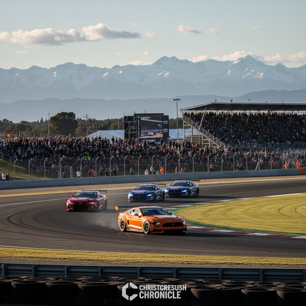 Supercars race on a track with a blurred background of a crowd and buildings.